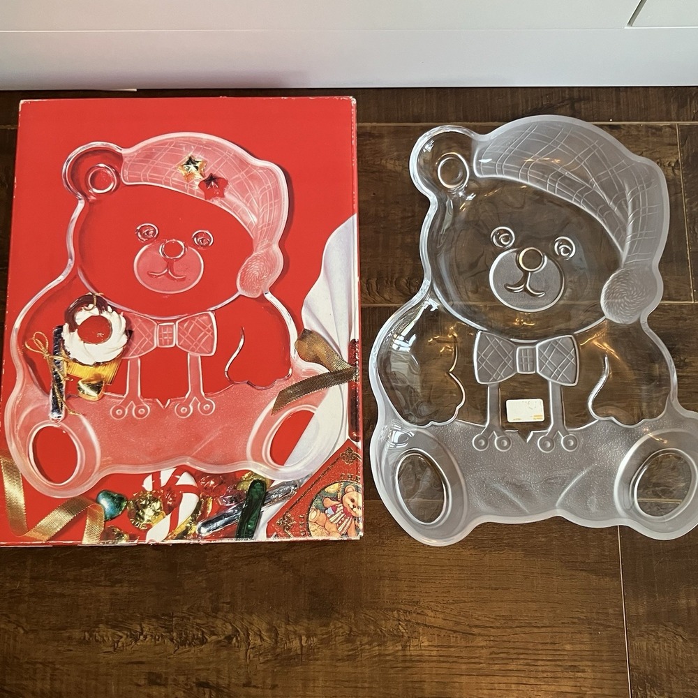 Vintage MIKASA Crystal Holiday Bear Glass Platter 11.5 inch With Box Christmas